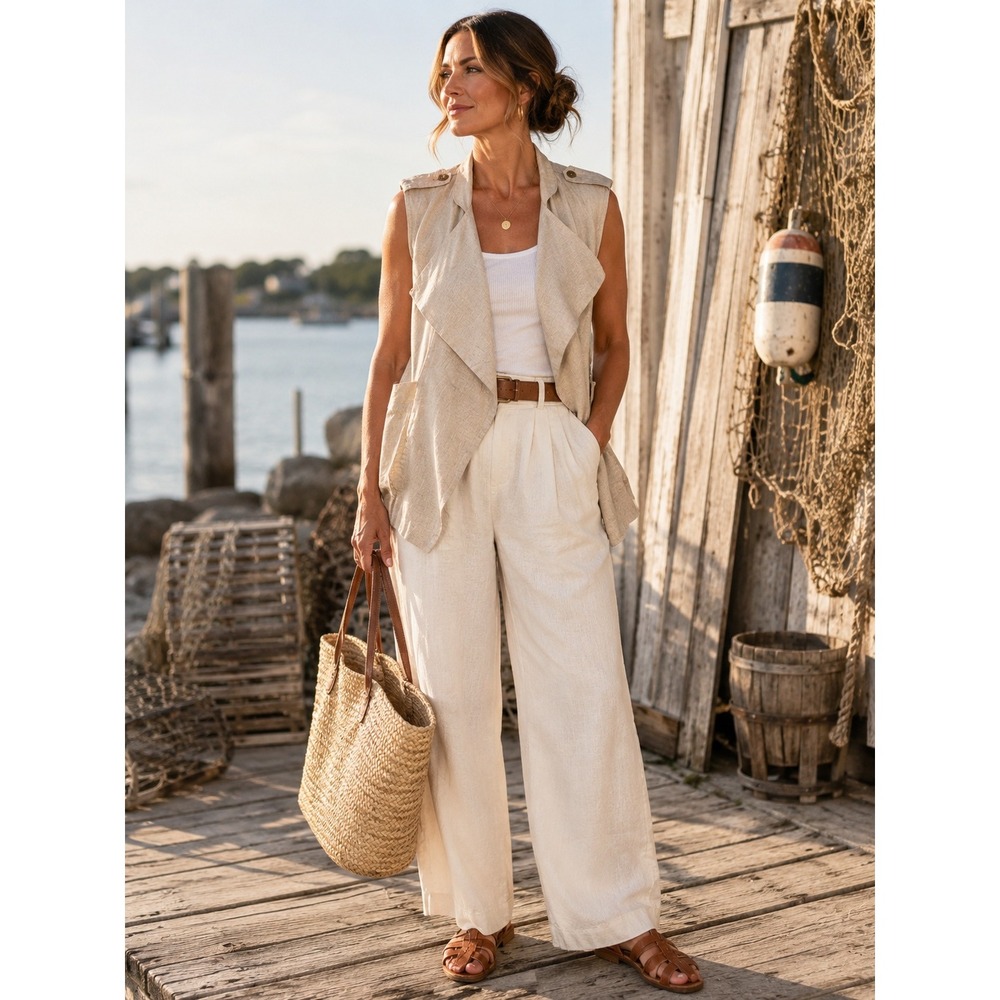 Kut from the Kloth Linen Vest Draped Lapels Fisherman Coastal Beige Women XL NEW